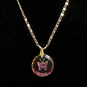 Fashion Necklace Goldtone And Multicolor Butterfly Pendant 9.5” Long